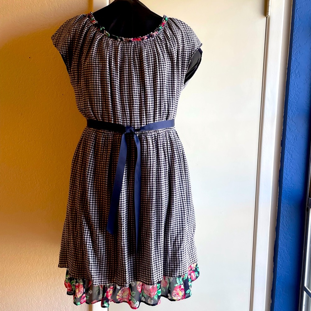 Navy Checked with Floral Accent Dress